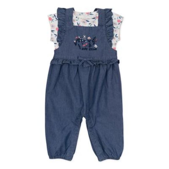 BNWT Mac & Moon Baby Girls 2 Piece Chambray Overall Set with Floral Print, 6 Mo - Picture 1 of 4